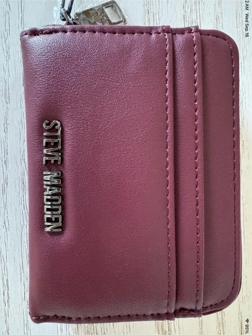 Steve Madden Plum Zip Card Holder with Metal Logo